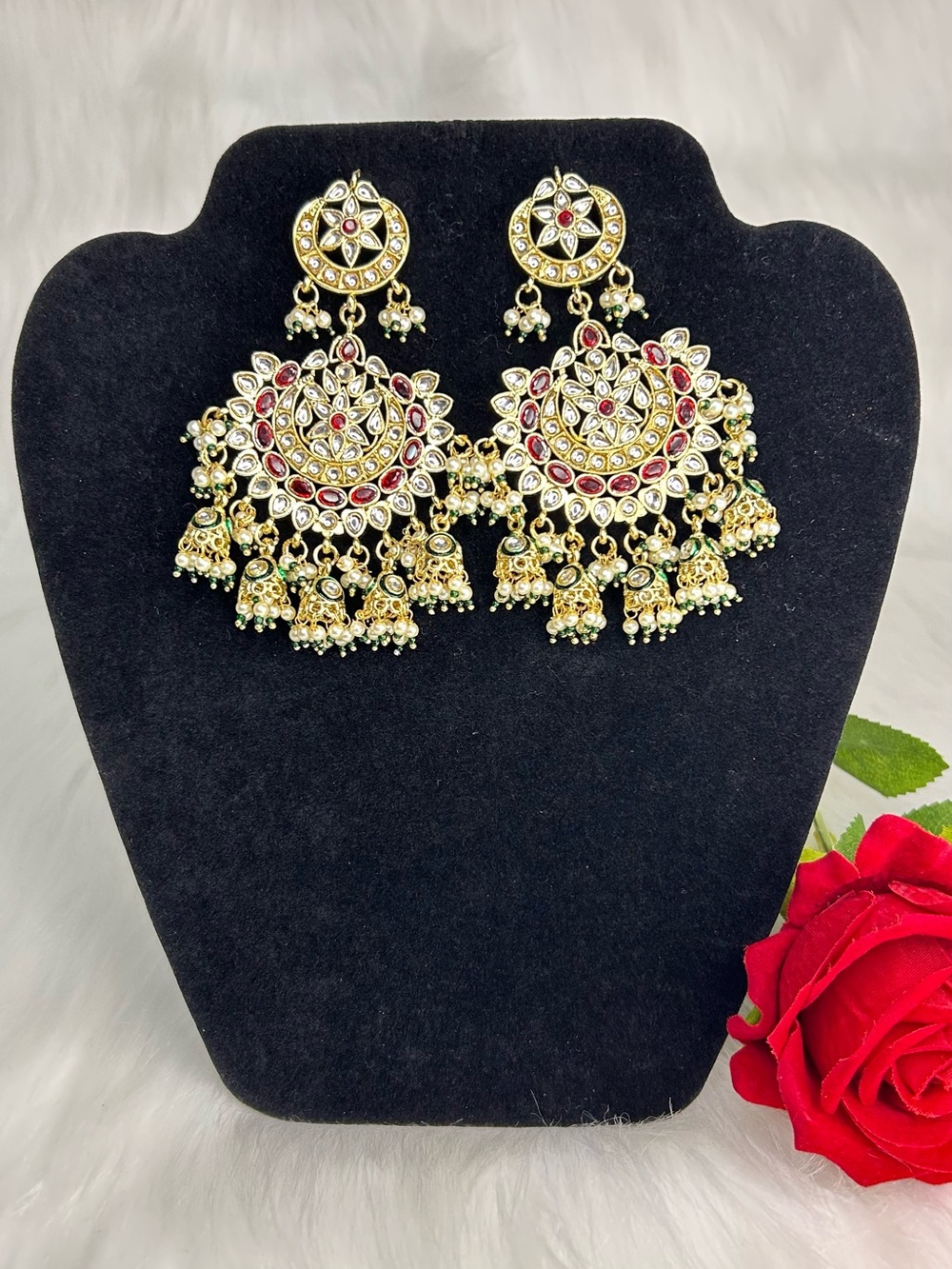 Elegant Gold-Tone Red Pachi Kundan Chand Bali Earrings